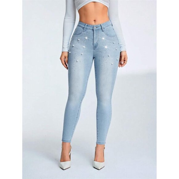 Women's Rhinestone Pearl Low Rise Skinny Jeans Cropped Stretch Denim - Picture 5 of 5